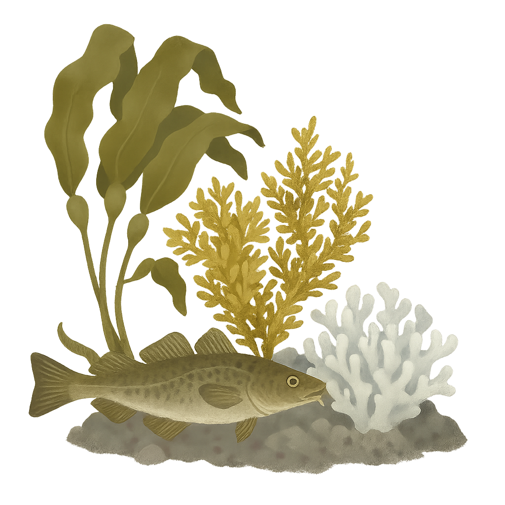 little illustration to represent artic coastal ecosystems by representing Kelp, cold coral and Atlantic cod